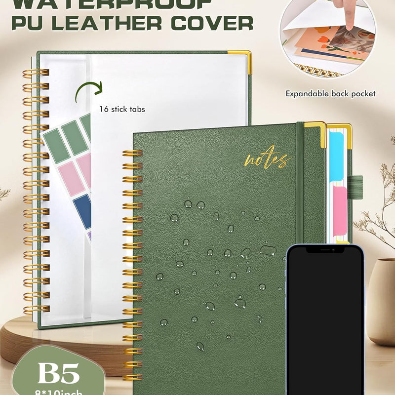 5 Subject Spiral Notebook Journal with Removable Dividers Tabs, 300 Pages Organizer Notebooks for Work School, 8"x10" Hardcover Leather Notebook College Ruled, Large Lined Journal for Women Men,Green