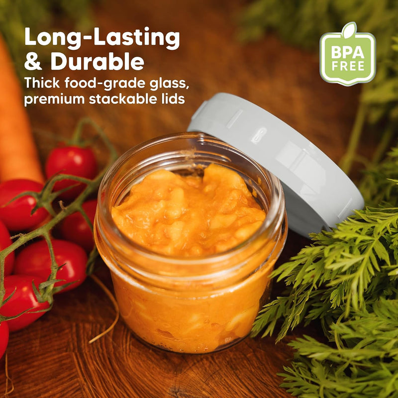KeaBabies 12pk 4oz Glass Baby Food Containers with Lids, Leak-Proof (Slate) | Microwavable Small Glass Jars, Baby Purees, Toddler Snack Storage Containers, BPA-Free, Dishwasher-safe, Freezer Safe