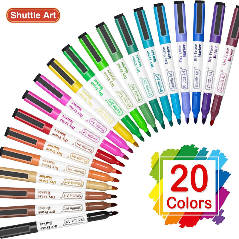 Shuttle Art Magnetic Whiteboard Markers, 20 Pieces Fine Tip and Eraser, Dry Erase Whiteboard Markers, for Writing on Whiteboards, Weekly Planner, Glass for School Office Home