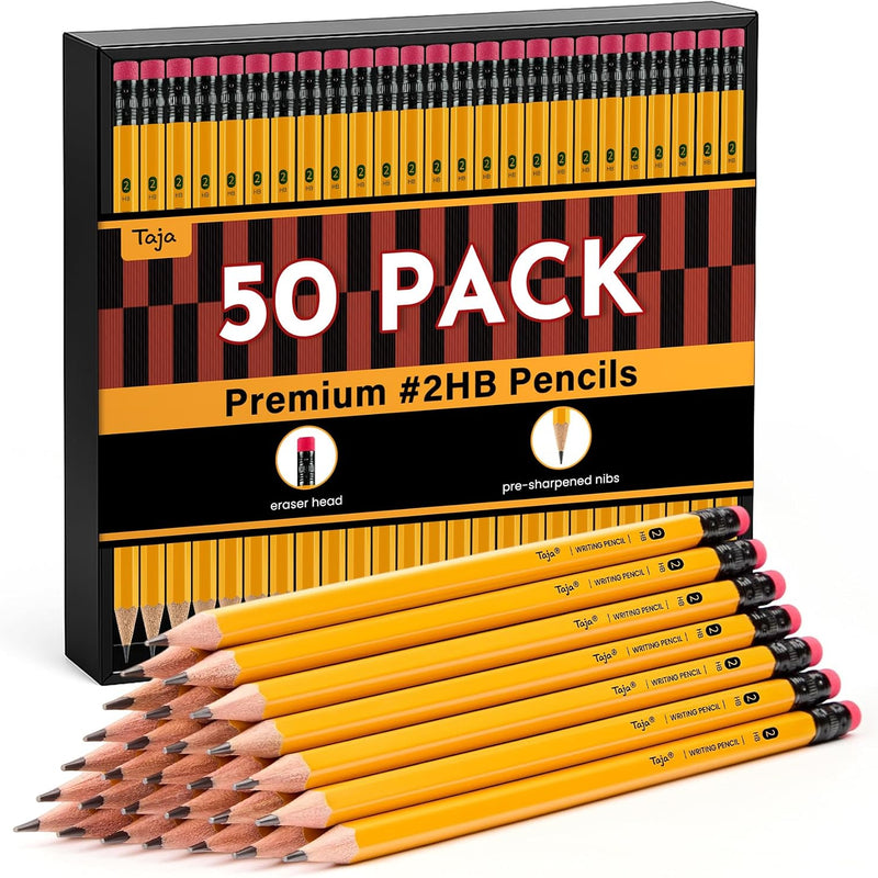 Taja 50 Pack Wood-Cased #2 HB Pencils, Bulk Pre-Sharpened Pencils with Top Erasers, Perfect for School & Classroom Writing and Drawing - Macaron