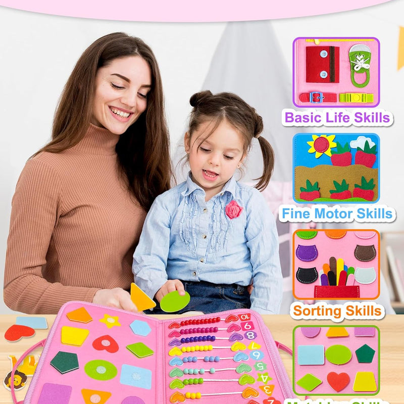 Exorany 8-Page Busy Board for Toddler Girl, Sensory Learning Toy with 20+ Activities, Soft Felt Material, Lightweight and Compact Design