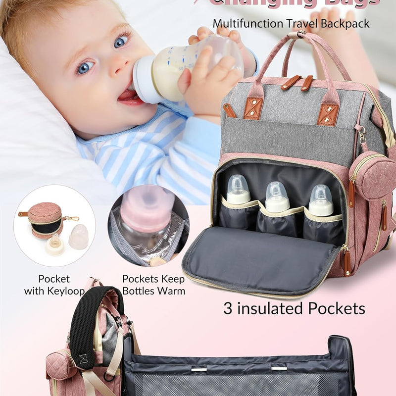 Diaper Bag with Changing Station, Waterproof 3 in 1 Diaper Backpack with Foldable Changing Pad, Large Travel Backpack for Mom & Dad, Baby Gift for Baby Girl & Boy, Pink-Grey