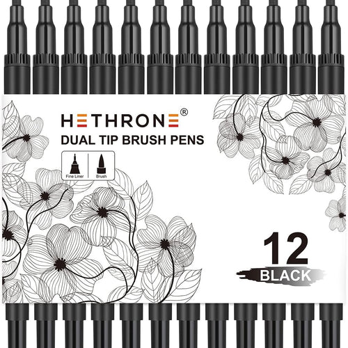 Hethrone Black Markers for Drawing - Brush Pens with Felt Tips for Artists - Calligraphy Pens, 12 Pack