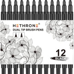 Hethrone Black Markers for Drawing - Brush Pens with Felt Tips for Artists - Calligraphy Pens, 12 Pack