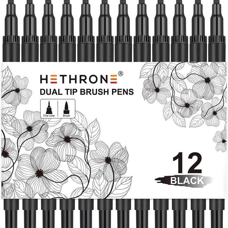 Hethrone Black Markers for Drawing - Brush Pens with Felt Tips for Artists - Calligraphy Pens, 12 Pack