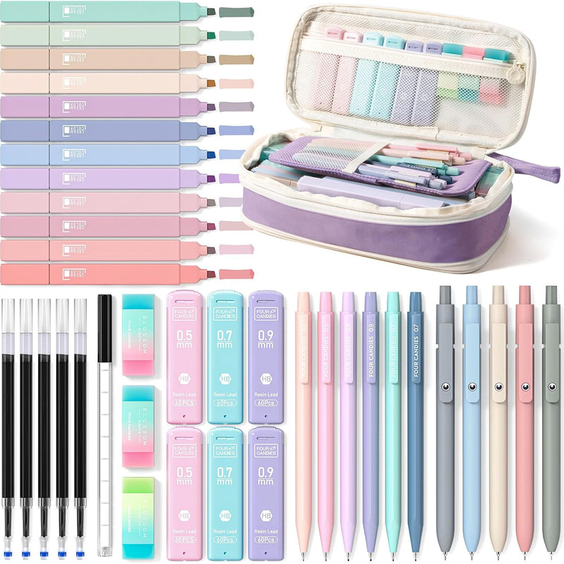 Four Candies 39 PCS Aesthetic Stationery Set with Cute Pen Case, College Supplies and Nursing Essentials, 12 Pastel Highlighters, 5 Black Gel Pens, 6 Mechanical Pencils, Pink