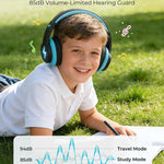 seenda JCH-01 Kids Bluetooth Headphones, 85/94dB, 3 Light Modes,Black&Blue | 75H playtime, soft padded fit, mic & AUX cord, stickers & doodle fun kids love; Wireess Headphones for school, travel, iPad.