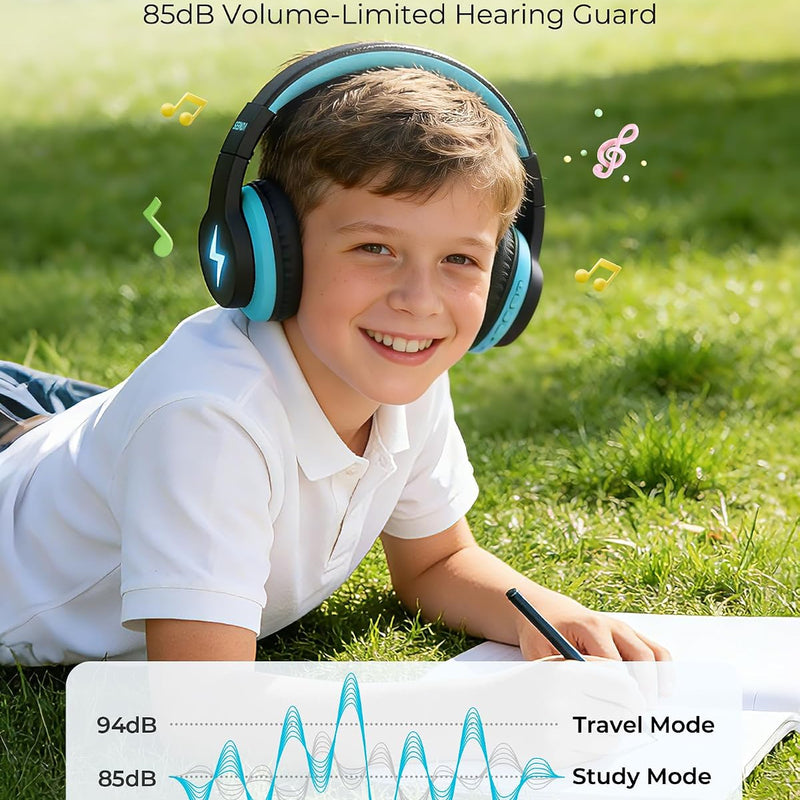 seenda JCH-01 Kids Bluetooth Headphones, 85/94dB, 3 Light Modes,Black&Blue | 75H playtime, soft padded fit, mic & AUX cord, stickers & doodle fun kids love; Wireess Headphones for school, travel, iPad.