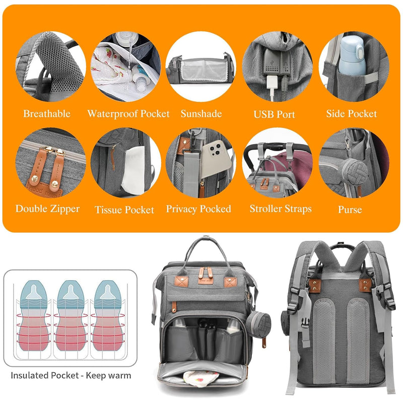 Baby Diaper Bag with Changing Station, Waterproof Diaper Bag Backpack for Moms Dads with USB Charging Port, Baby Shower Gifts, Baby essentials,Grey