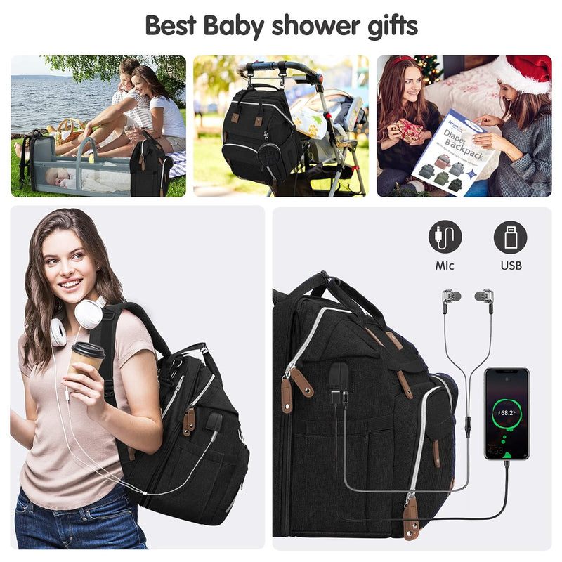 Diaper Bag Backpack, Large Baby Bag with Changing Pad, Thick Padded Back & Straps, Laptop Compartment, Waterproof Travel Backpack with USB Port, Multi-Function for Mom & Dad, Black