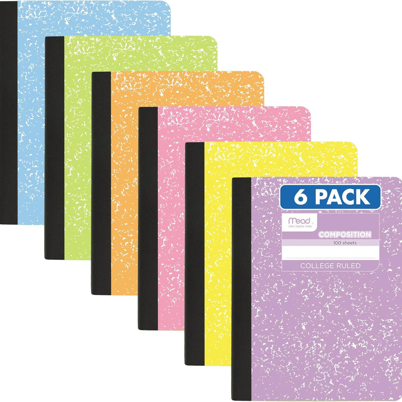 Mead Composition Notebook, College Ruled 7.5" x 9.75" Paper, 100 Sheets, Assorted Colors, 6 Pack (850106-ECM)
