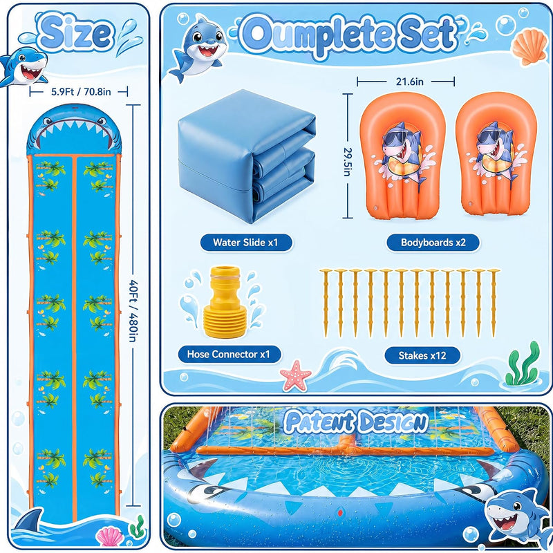 40×5.9FT Heavy Duty Slip and Slide with Sprinkler and 2 Boards, Water Slide for Adults with 3-Way Water Sprinkler, Giant Slip n Slide for Outdoor Backyard Lawn Kids Teens and Adults (Blue&Orange)