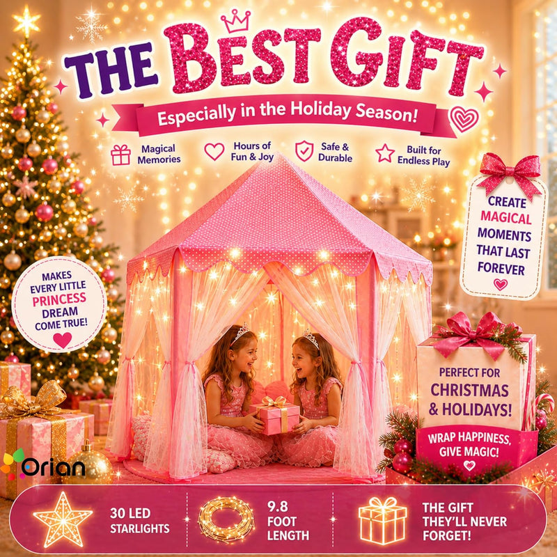Orian Princess Tent for Kids, Toddler & Kids Pink Play Tent Indoor & Outdoor Princess Castle Fort for Girls and Toddlers Ages 2-7, 55”x53”, LED Star Lights, Children’s Toys and Gifts for Girls