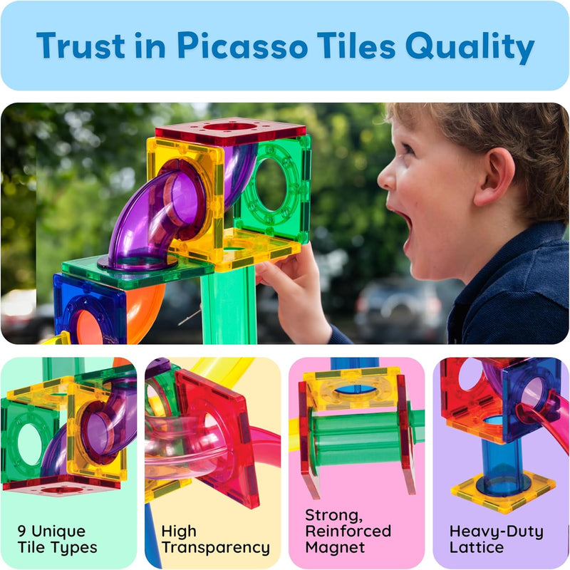 PicassoTiles 100pc Magnetic Marble Run Set with Racing Track Tiles Funnels Curved Slopes and Steel Balls for Kids STEM Construction Indoor Learning Toy that Promotes Focus and Problem Solving PTG100