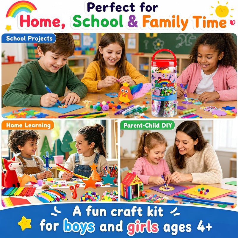 FUNZBO Arts and Crafts Supplies for Kids - Toddler DIY Craft Set | with Glitter Glue Sticks, Pipe Cleaners, Pom Poms , Popsicle Sticks Tools for School, Birthday Gifts for Boys & Girls Ages 4+