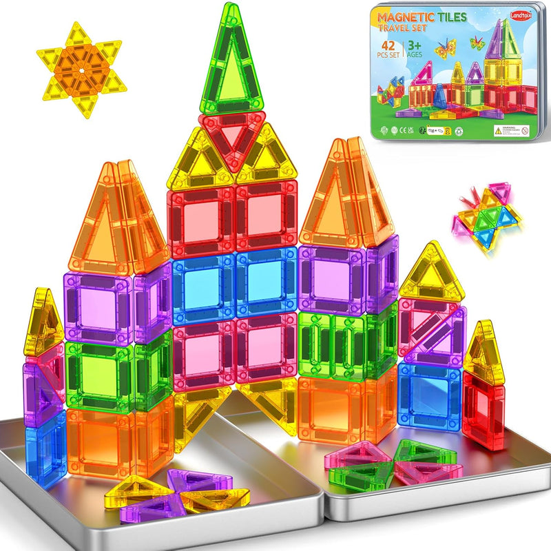 Mini Magnetic Tiles Travel Magnetic Tiles with Iron Box,42PCS Magnet Building Block Set Travel Toys for Kids Ages 3+,Educational Portable Magnet Toys Gifts for Toddlers Boys & Girls Christmas Birthday
