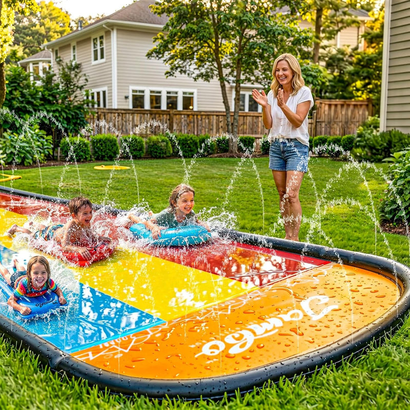 JAMBO 25Ft Premium XXL Slip Splash and Slide with 3 Bodyboards, Heavy Duty Water Slide- Advanced 3-Way Sprinkler System, Splash Mat Splash Pad Backyard Waterslide Outdoor Water Toys n Slides for Kids