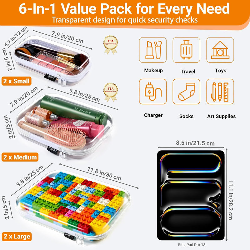 YQBRAO Clear Hard Shell Zipper Cases, 6 Multi-Size Organizers, White | Rigid clear shells in three practical sizes organize toiletries, cosmetics, cables, stationery and household essentials