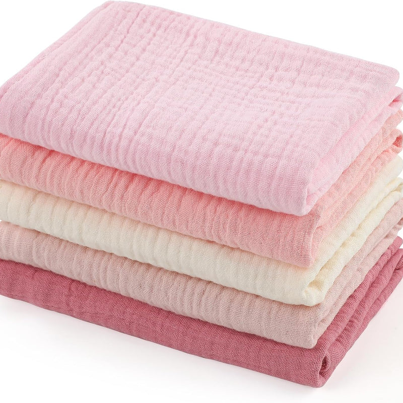 Baby Washcloths,Muslin Burp Cloths Towels for Newborns,Absorbent Cotton Bath Face Towel ，5 Pack, 12x12 Inches (Rosy Embrace)