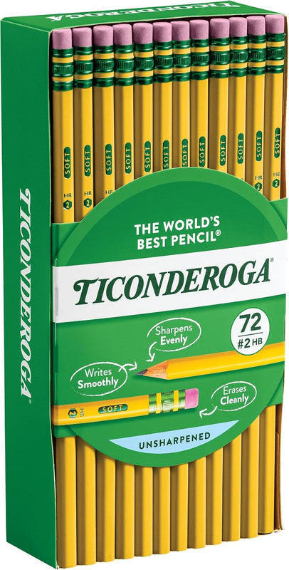 Ticonderoga Wood-Cased Pencils, Unsharpened, 2 HB Soft, Yellow, 72 Count