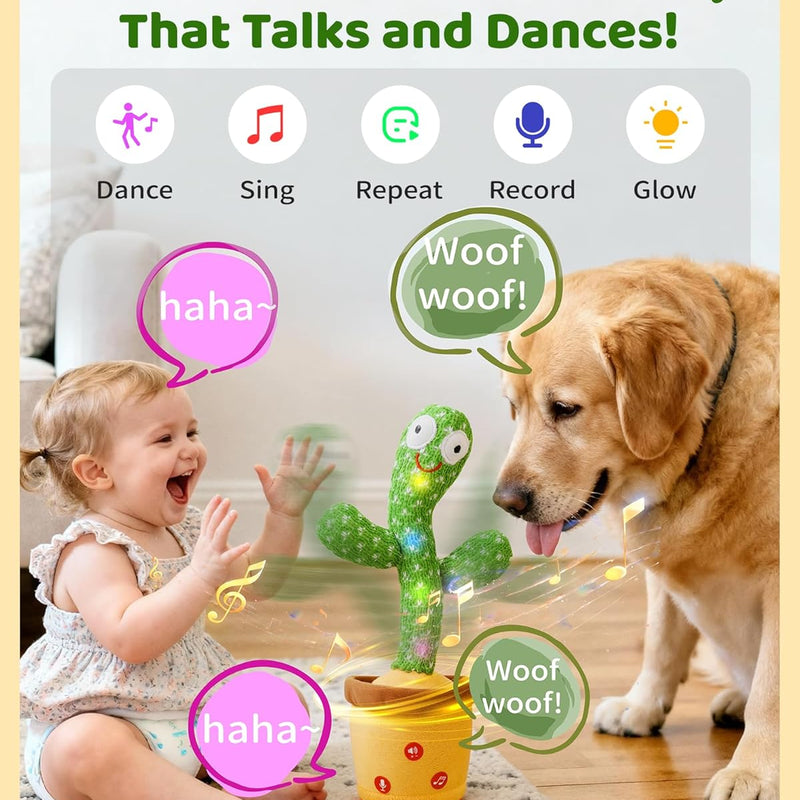 Adjustable Volume Dancing Talking Cactus Baby Toy for 0-6 Months, 4-Level Volume Control, 120 English Songs