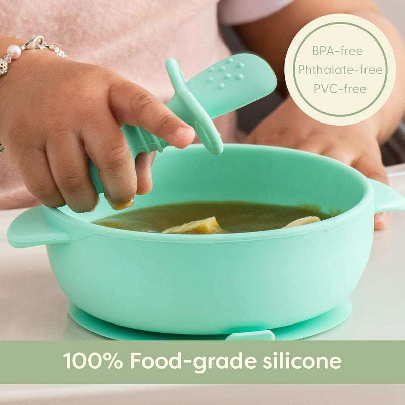 Self-Feeding Spoon - Anti Choke Barrier - Silicone Baby Spoons Toddler Utensils for Home & Travel, Textured Tips Massage Gums & Baby-Led Weaning (Blue/Gray/Mint)