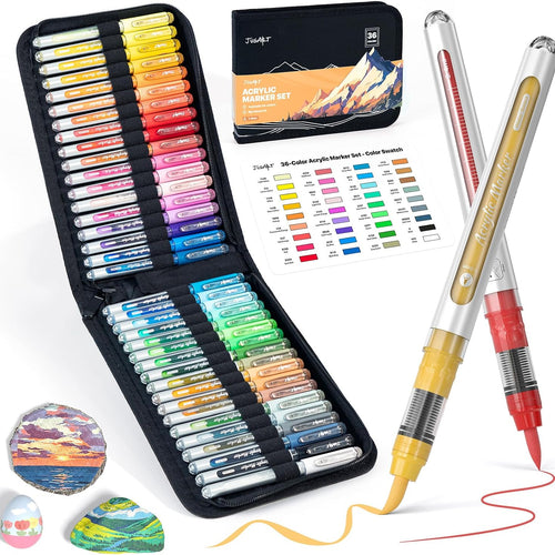 JusArt 36 Colors Acrylic Paint Markers with Canvas Bag, Water-Based No-Bleed Paint Pens with Automatic Ink Control, Waterproof Brush Tip Markers for DIY Art & Crafts -Fabric, Rock, Wood, Glass, Metal