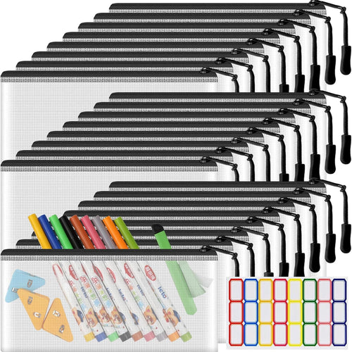 YOPCDJ 24 Pack Mesh Zipper Pouch Bags Small, Zipper Pencil Pouches, 9.2 x 4.7 in Clear Pencil Pouch Bulk, Pencil Bags with Zipper for Travel Storage, Black