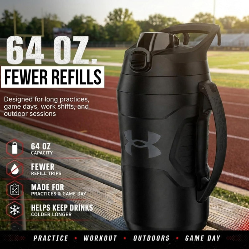 Under Armour Insulated Water Bottle with Handle & Fence Hook, Half Gallon Sports Water Jug, Leak-Resistant & BPA-Free for Baseball, Football & Gym - Black/Black, 64oz
