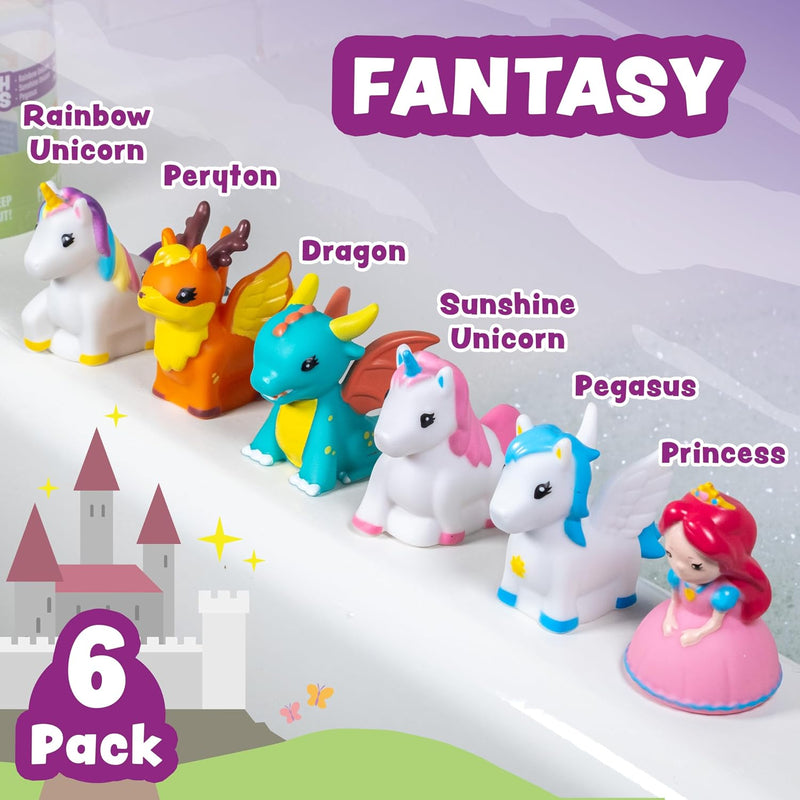 Tub Works® Fantasy Watertight Bath Toys, 6 Pack | Sealed, No Hole Bath Toys Design Keeps Moisture Out | Soft, Squeezable & Float on Water | Baby & Toddler Bathtub Toy | Unicorn Baby Girl Bathtub Toy