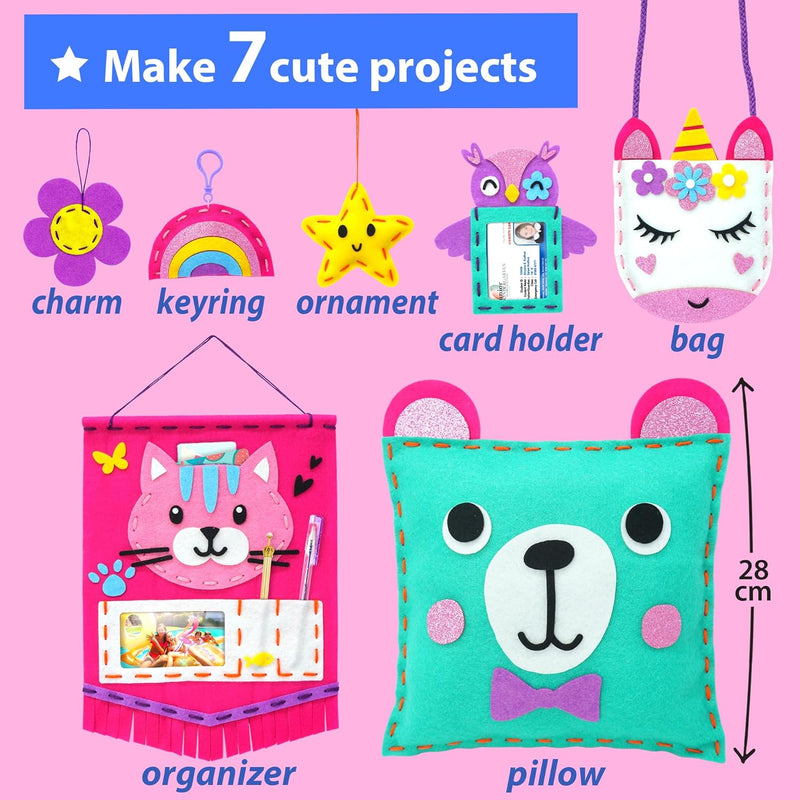 KRAFUN My First Sewing Kit for Kids Ages 6-12 | 7 Animal Dolls | 7 stuffed animal & plush pillow projects. Pre-punched felt & instructions included. Gift for girls & boys
