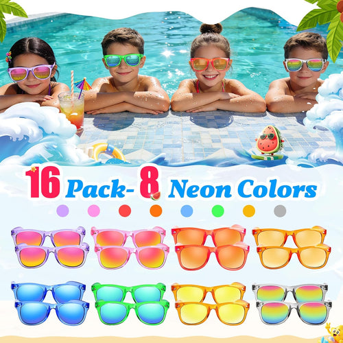 16 Pack Kids Sunglasses Bluk Party Favors - Goodie Bags Stuffers for Children Age 3-8,Boy Girl Neon Glasses with UV400 Protection,Birthday Classroom Graduation Gift,Pool Beach Party Supplies - nylytek