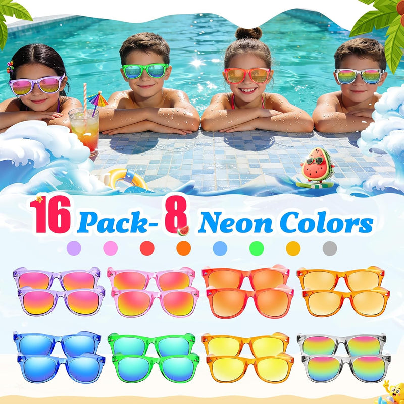 16 Pack Kids Sunglasses Bluk Party Favors - Goodie Bags Stuffers for Children Age 3-8,Boy Girl Neon Glasses with UV400 Protection,Birthday Classroom Graduation Gift,Pool Beach Party Supplies - nylytek