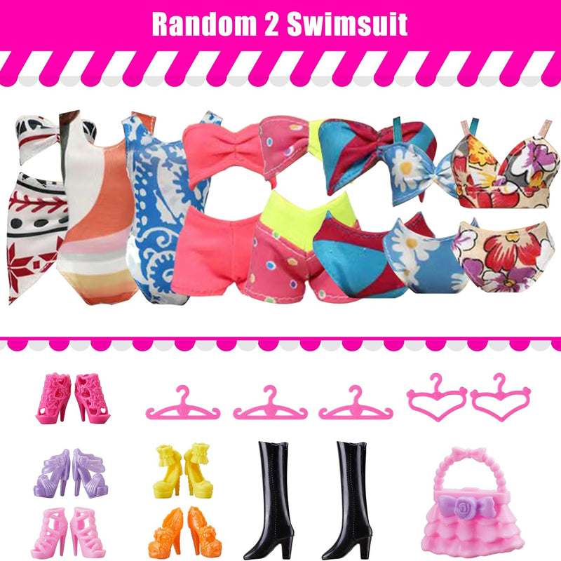 30 Pieces Doll Clothes and Accessories for 11.5 Inch Girl Dolls Including Random 5 Tops, 5 Pants, Random 3 Dresses, Random 3 Fashionable Dresses, Random 2 Swimwear, 6 Pairs of Shoes, 1 Bag, 5 Hangers