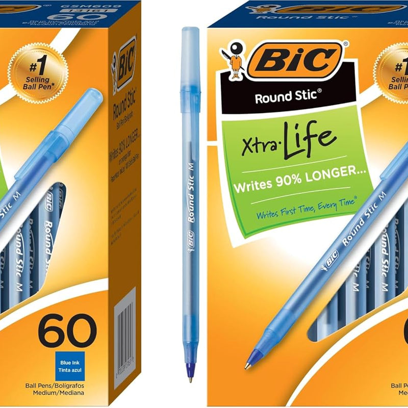 BIC Round Stic Xtra Life Ballpoint Pen with 1.0 mm Medium Point and Consistent Ink Flow, 60-Count in Blue Ink