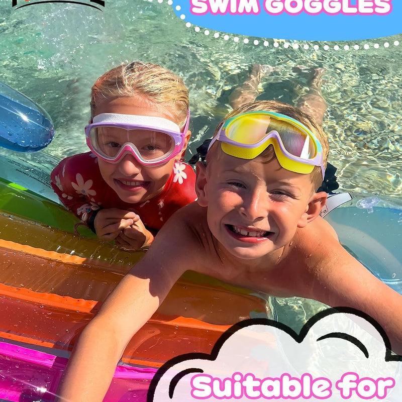 2 Pack Wide View Swimming Goggles, No Leaking Kids Swim Goggles with Anti-Fog/UV HD View Kids Goggles Boys Girls 5-15