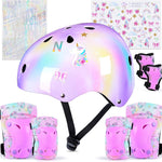 Kids Unicorn Helmet Set for Girls Age 3-8, Adjustable Protective Gear with Stickers for Roller Skates, Bicycle, Skateboarding, Scooter, Multiple Sports