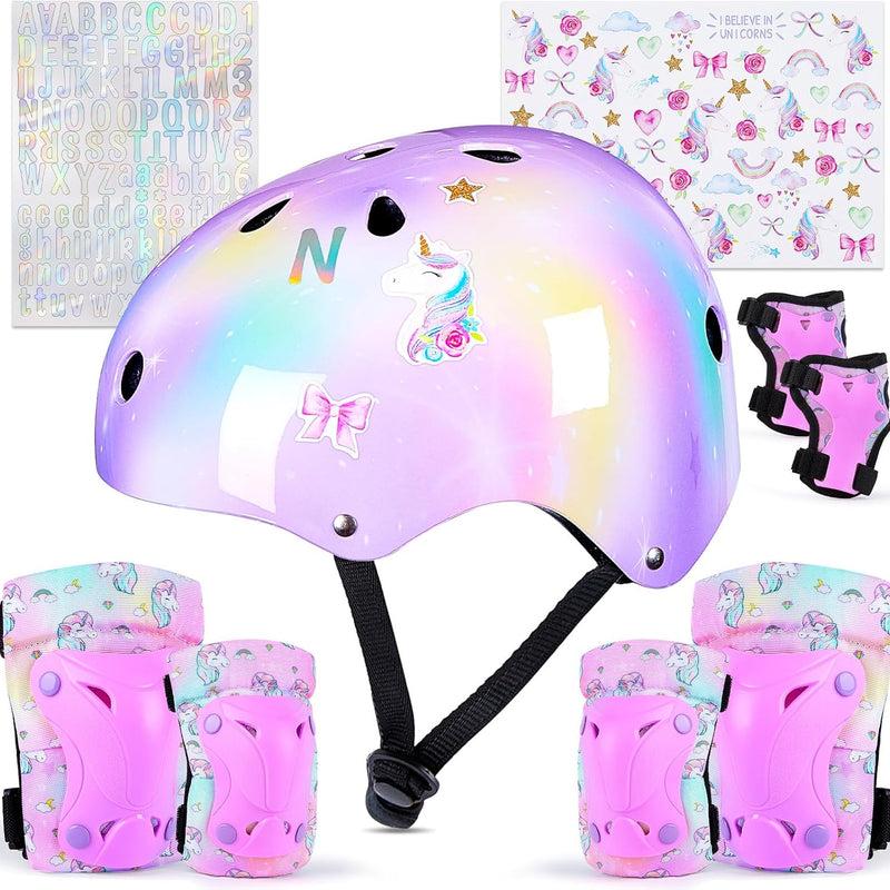 Kids Unicorn Helmet Set for Girls Age 3-8, Adjustable Protective Gear with Stickers for Roller Skates, Bicycle, Skateboarding, Scooter, Multiple Sports