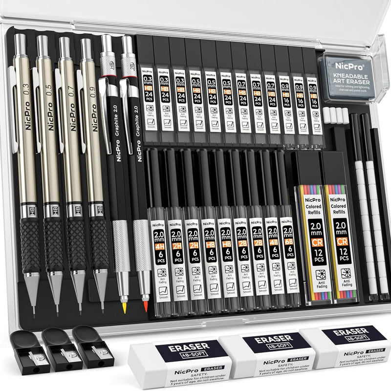 Nicpro 35PCS Art Mechanical Pencil Set, 3 PCS Metal Drafting Pencil 0.5 mm & 0.7 mm & 0.9 mm & 3 PCS 2mm Lead Holder (6B 4B 2B HB 2H 4H Colors) For Sketching Drawing With 20 Tube Lead Refills Case
