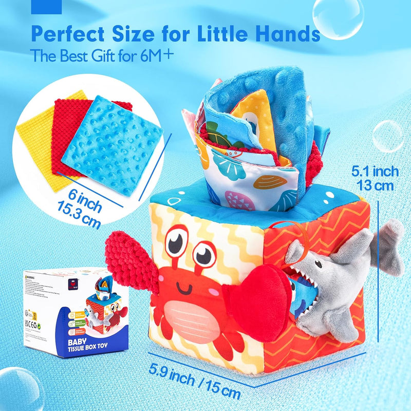 hahaland Baby Tissue Box Toy 6-12 Months Montessori Toys 6 7 8 9 Month Old | Textured Tails, Crinkle Tissues, Squeaky, Mirror, Pull & Hang Ring, Play Silks Sensoy Scarves Soft Baby Gift Busy Travel Toys