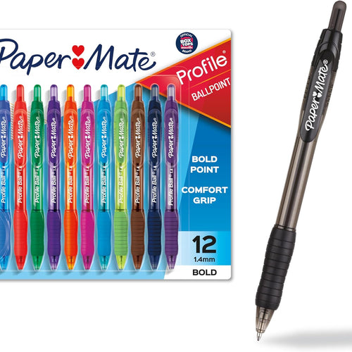 Paper Mate Profile Retractable Ballpoint Pens, Bold Point (1.4mm), Assorted Colors, 12 Count - Back to School, Office, Teacher Supplies