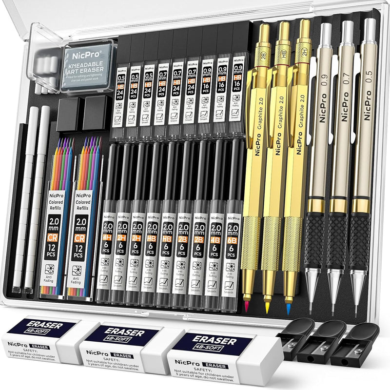 Nicpro 35PCS Art Mechanical Pencil Set, 3 PCS Metal Drafting Pencil 0.5 mm & 0.7 mm & 0.9 mm & 3 PCS 2mm Lead Holder (6B 4B 2B HB 2H 4H Colors) For Sketching Drawing With 20 Tube Lead Refills Case
