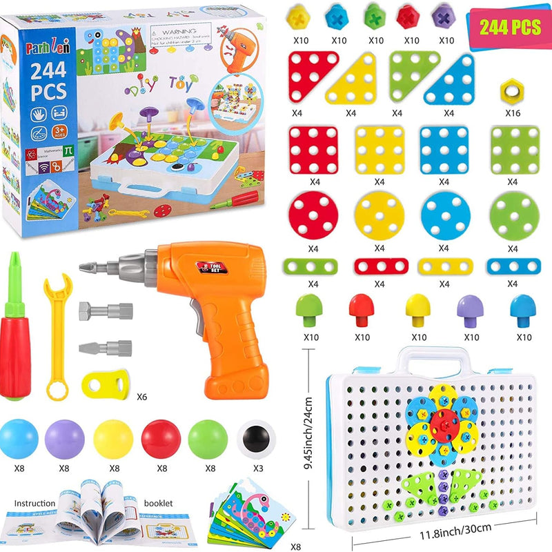 Educational Toys Building Blocks, 244 Pieces Electric Screwdriver DIY Building Toys for Boys and Girls, Educational Construction Building kit for Kids Ages 4 5 6 7 8 9 10 Year Old