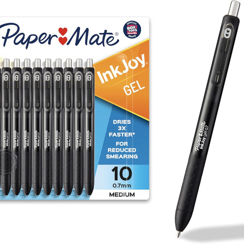 Paper Mate InkJoy Gel Pens, Black, Medium Point (0.7mm), Comfort Grip, 10 Count - Fast Drying Ink, Smooth Writing, Office Supplies