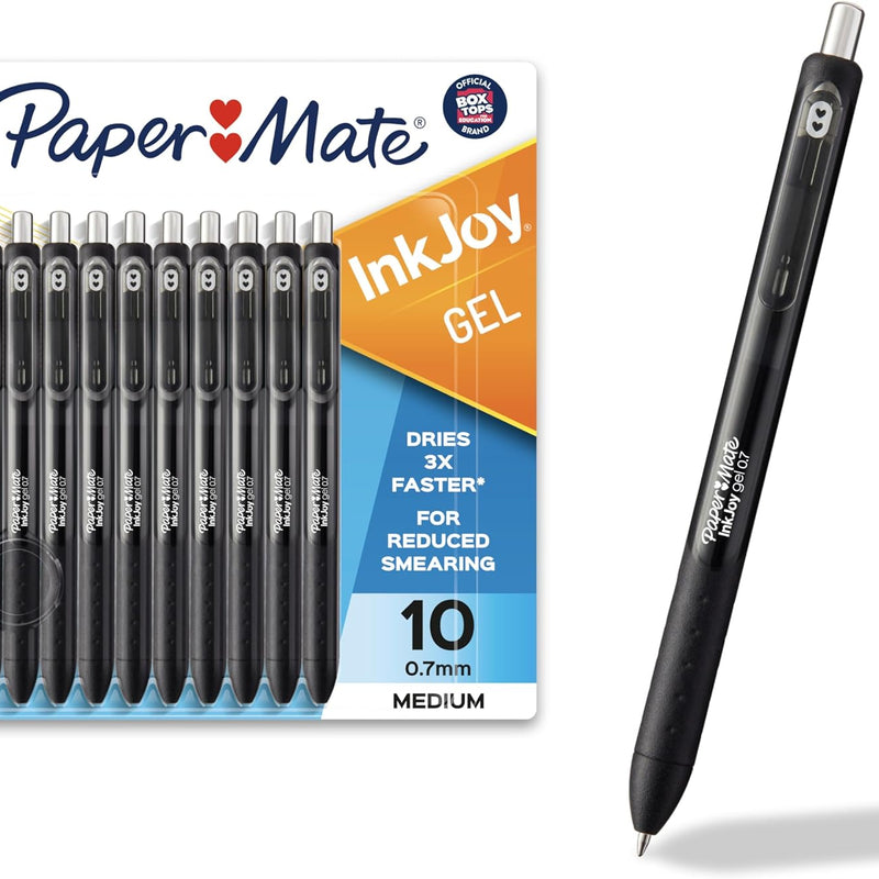 Paper Mate InkJoy Gel Pens, Black, Medium Point (0.7mm), Comfort Grip, 10 Count - Fast Drying Ink, Smooth Writing, Office Supplies