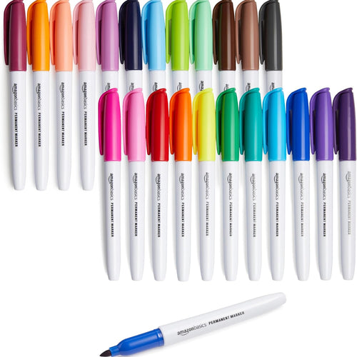 Amazon Basics Fine Tip Permanent Markers for Office, School, and Home Use, Assorted Colors, 24 Pack