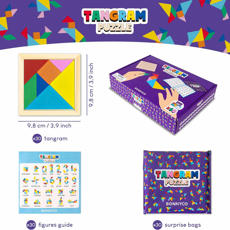 BONNYCO Wooden Tangram Puzzle Set of 30 for Kids Birthday Party Favors