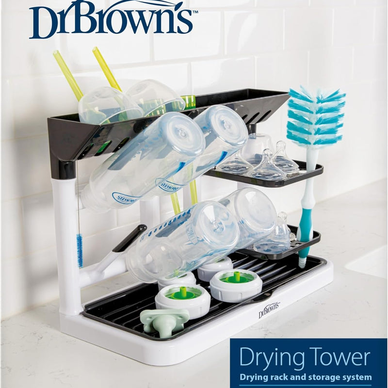 Dr. Brown's Drying Tower, Stand-Up Drying Rack, Countertop Baby Bottle Drying with Organized Storage for Baby Essentials, Space Saving Vertical Rack, Black/White