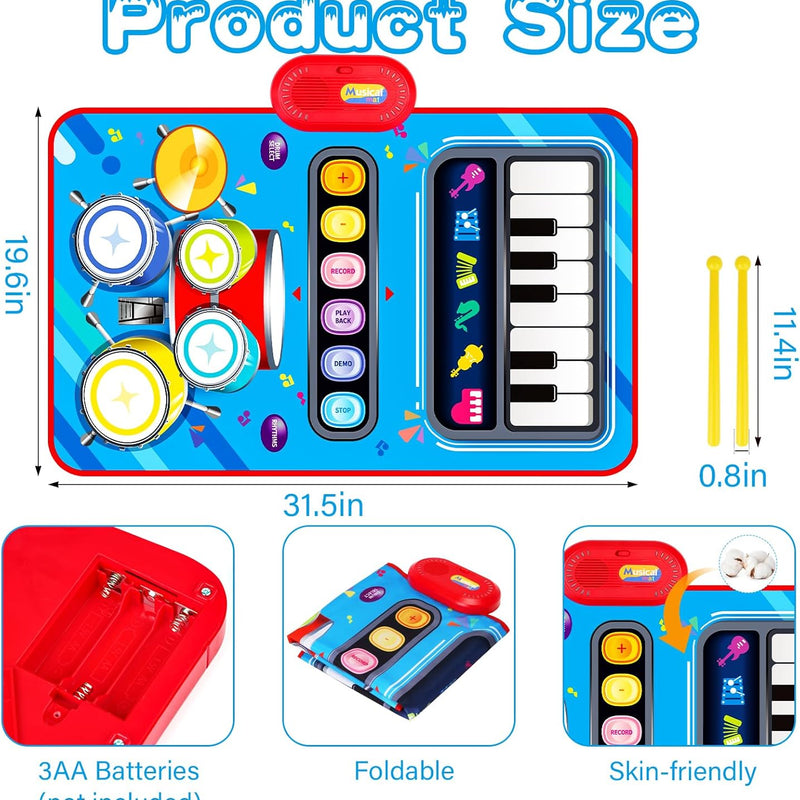 Baby 1-2 Years Music Mat: 2 in 1 Piano Drum Play Mat for Infant Music Toy 1-3 Year Old Boys Girls