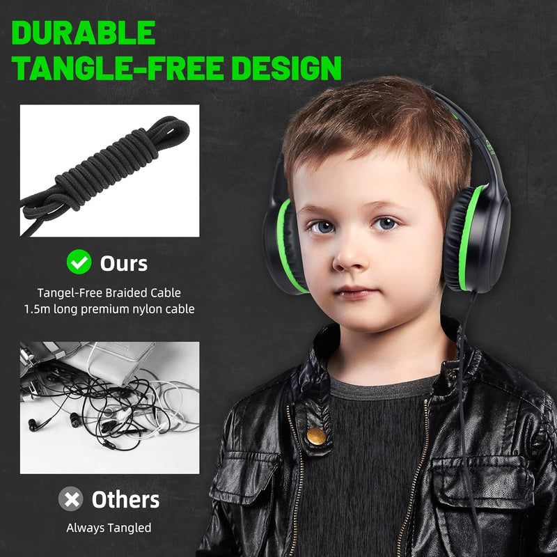 UKELALA Green Wired Headphones for Youth - Portable On Ear Headphones for School Airplane Travel